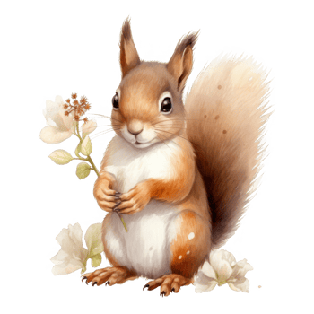A Watercolor Illustration of a Red Squirrel with a Flower in Its Paws png