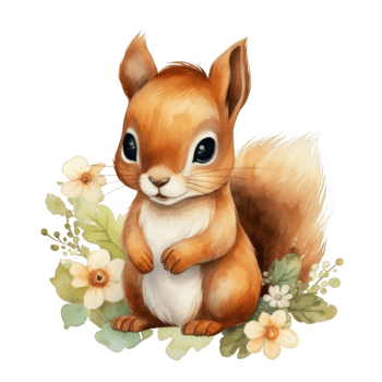 Watercolor Illustration of a Cute Red Squirrel Surrounded by Flowers png