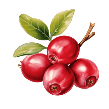 Four Red Cranberries with Green Leaves and Stem png