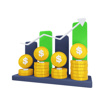 Financial Growth Icon 3D. Rise and fall of income in coins and with arrow png