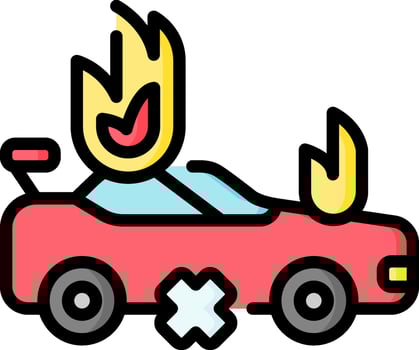 A car with fire on the hood and a burning sign vector