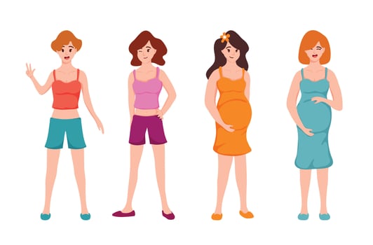 Same emotion but different style of Two Pregnant women and two young ladies in cartoon character, vector