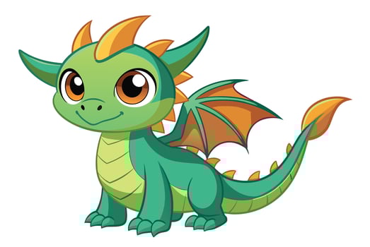 Cute cartoon dragon character with green scales and bright orange accents in a playful pose, perfect for children's illustrations or stories vector