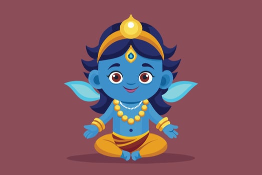 A cartoon depiction of a young blue-skinned deity sitting cross-legged with a joyful expression on a warm background vector