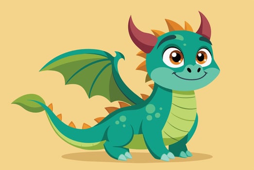 A cheerful cartoon dragon with vibrant green scales and orange accents poses playfully against a simple yellow background vector