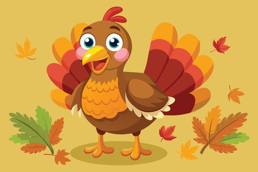 A cheerful cartoon turkey surrounded by colorful autumn leaves in a festive mood ready for Thanksgiving celebrations vector