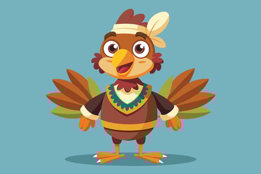 Colorful cartoon bird character wearing traditional attire stands cheerfully against a bright blue backdrop in a playful environment vector