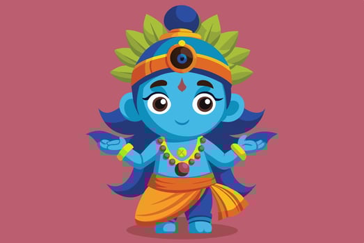 Cute and colorful illustration of a cartoon-style deity figure with blue skin, adorned with ornaments and a leafy crown, celebrating cultural heritage vector