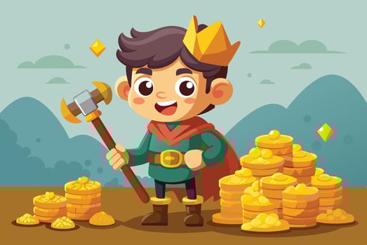 A cheerful young king stands proudly beside piles of gold coins, holding a hammer, in a colorful fantasy landscape vector