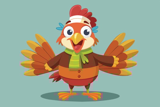 Cheerful cartoon turkey wearing a scarf and coat with wings spread, celebrating autumn in a playful design against a light background vector