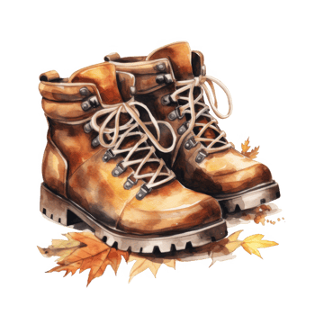 Brown Hiking Boots Surrounded by Autumn Leaves png