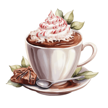 Watercolor Illustration of a Cup of Hot Chocolate with Whipped Cream and Candy Cane Sprinkles png