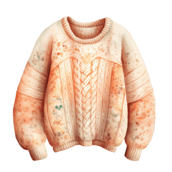 Watercolor illustration of a beige knitted sweater with a cable knit design and a watercolor pattern. png