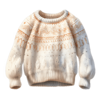 White Knit Sweater with Tan Geometric and Floral Pattern png