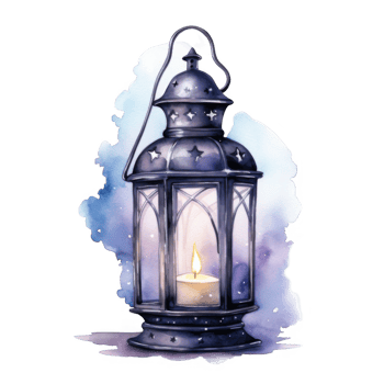 Watercolor Illustration of a Black Lantern with a Lit Candle and a Purple and Blue Watercolor Background png