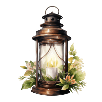 A Watercolor Painting of a Rustic Lantern with a Burning Candle and Surrounding Flowers png
