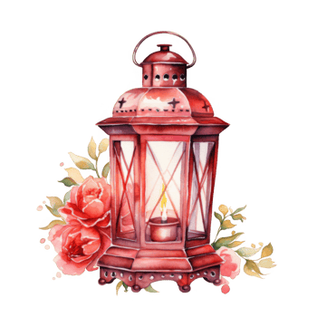 Watercolor Painting of a Red Lantern with Flowers png
