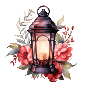 Watercolor Lantern with Candle and Floral Surroundings png