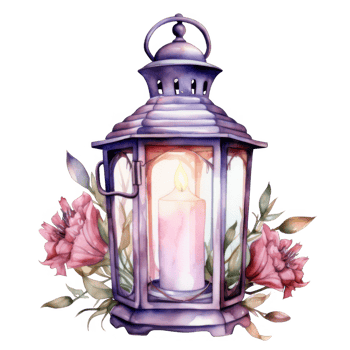 Watercolor Painting of a Purple Lantern with a Lit Candle and Pink Flowers png