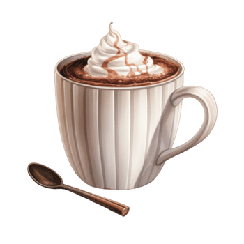 Whipped Cream Topped Hot Chocolate in a White Mug with Spoon png