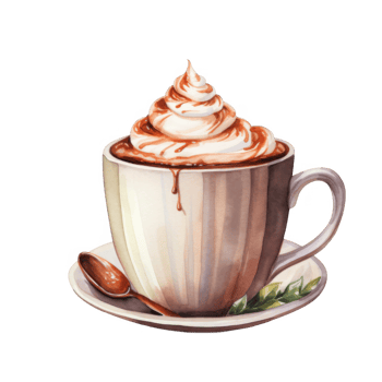 Watercolor Illustration of a Cup of Coffee with Whipped Cream and Caramel Drizzle png