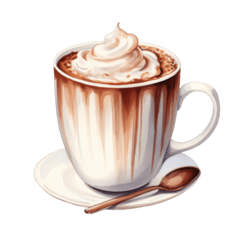 Watercolor Illustration of a Coffee Cup with Whipped Cream and Chocolate Drizzle png