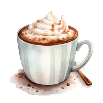 Watercolor Illustration of a Striped Mug with Whipped Cream and Caramel Drizzle png
