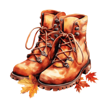 Watercolor Illustration of Two Brown Hiking Boots with Autumn Leaves png