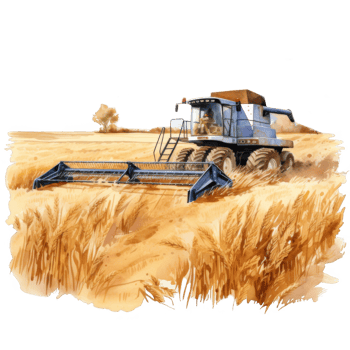 A combine harvester in a wheat field, harvesting golden wheat png