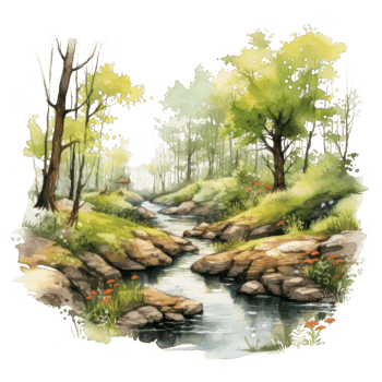 Watercolor Painting of a Winding Stream in a Forest png