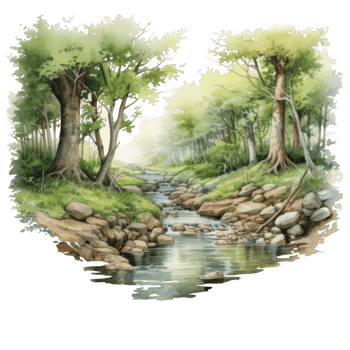 A Stream Flowing Through a Lush Forest With Sunlight Filtering Through the Canopy png