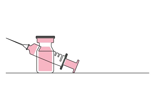Continuous line drawing of medicine set with syringe and vial. Pharmaceutical components and vaccine symbol. Pro illustration vector