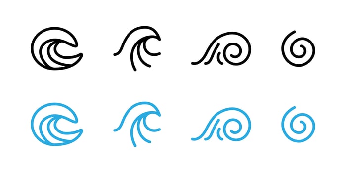 Tide icon set. Sea wave illustration. Ocean surf symbol. Wind flow sign. Water ripple pictogram. Spiral vortex logo. Swirl concept. High tide blue outline icon collection. Water curve. vector