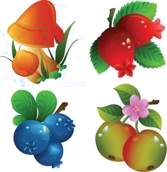 autumn plant and creatures icon set vector