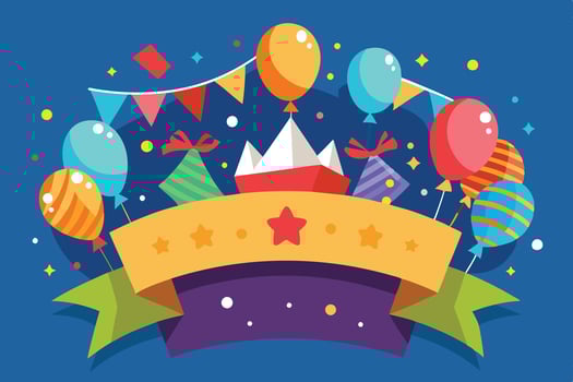happy birthday banner with balloons and gifts vector