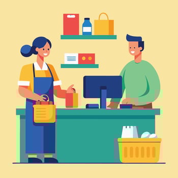 male cashier is welcoming customers vector
