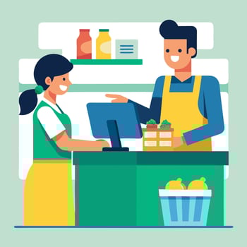 cashier is welcoming customers vector