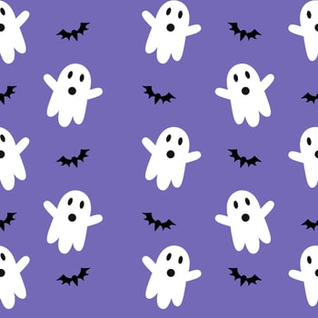 A pattern with white ghosts and bats on a purple background vector