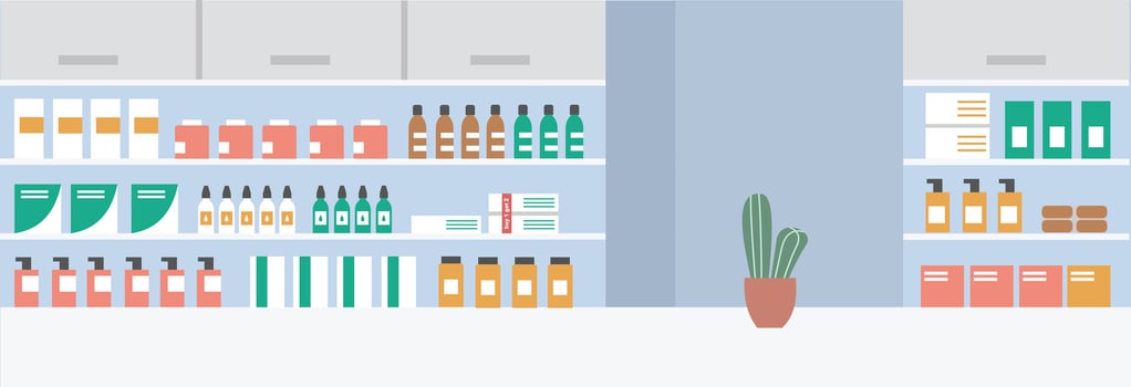 Pharmacy shelf display. Drug store shelf display. Pharmacy shop interior. Pharmacy store. Medicine store. Drug store. Medical shop. Medical shop. Health care. Cosmetics store. Minimarket. vector