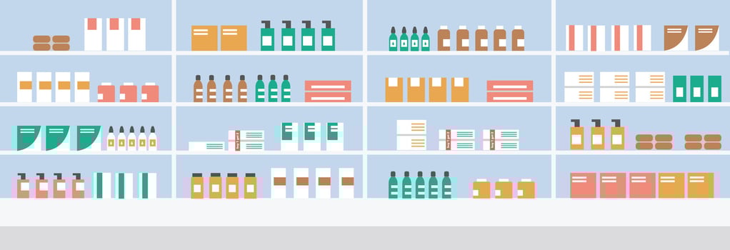 Pharmacy illustration. Pharmacy store. Medicine store. Drug store. Drug store shelf display. Pharmacy shelf display. Medical shop. Medical shop. Grocery. Hypermarket. Minimarket. vector