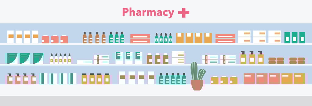 Pharmacy product shelf display illustration. Drug store product shelf display. Pharmacy shop interior. Pharmacy store. Medicine store. Drug store. Medical shop. Cosmetics store. Minimarket. vector