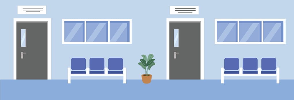 Hospital corridor illustration. Hospital hallway. Clinic hall. Hospital lobby. Medical center waiting room. Clinic waiting chair. Doctor room facade. Public health care. Doctor office. vector
