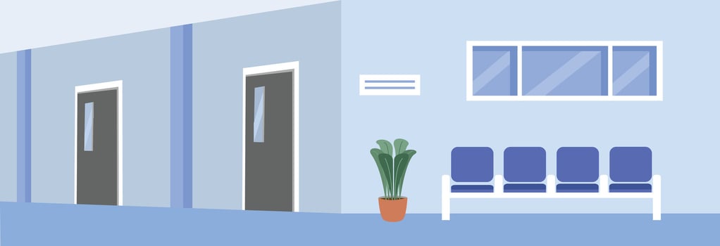 Hospital interior design. Public service building illustration. Hospital hall. Hospital hallway. Medical center. Medical check up. Hospital corridor. Modern Waiting area. Health care. Nursing home. vector