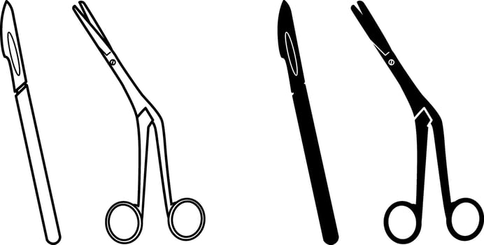 Surgical Instruments Icons. Black and White Icons. Medical Scalpel and Scissors vector