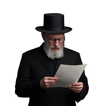An elderly man with a beard wearing a black hat and coat, reading a document on a transparent background png