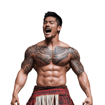 A muscular man with tribal tattoos smiling on a transparent background png