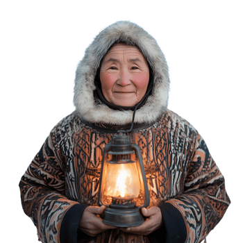 An elderly woman wearing a furlined coat holding a lantern on a transparent background png