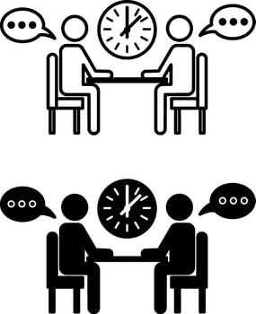 Meeting icons. A business meeting. Illustration of People Sitting at a Table and Clock. Business and Teamwork Concept vector