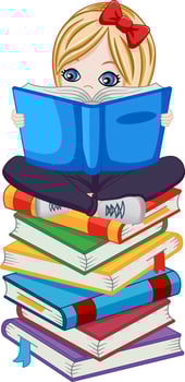 Cute Girl Reads a Book. Education concept. Illustration of Funny Schoolgirl Sitting on Books vector