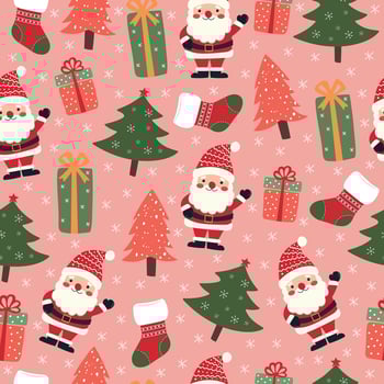 Seamless Christmas pattern with Santa Claus, trees, gifts and Christmas stocking. vector